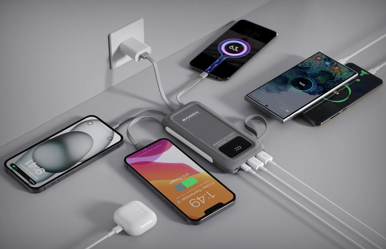 Xssive powerbank met ingebouwde kabels laadt meerdere toestellen